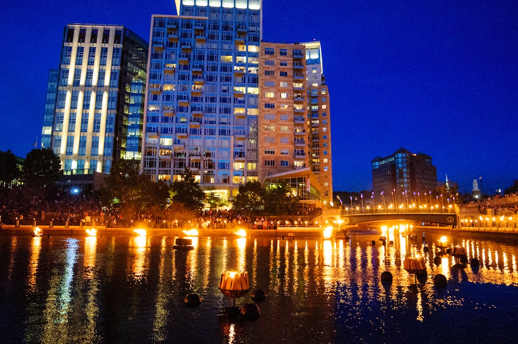 2014 WaterFire Providence Event Schedule. Fires lit in Waterplace Park. Photo by Jeffrey Stolzberg.