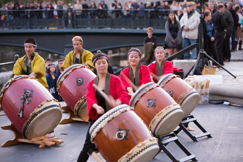 Gendo Taiko performs on the Waterplace Basin Stage. Photo by Kevin Murray.