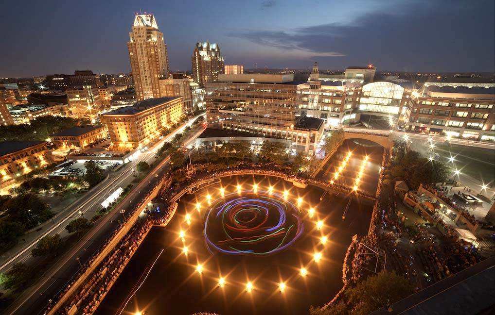 Aerial view of the Waterplace Park basin during a Clear Currents WaterFire lighting. Photograph by John Nickerson.