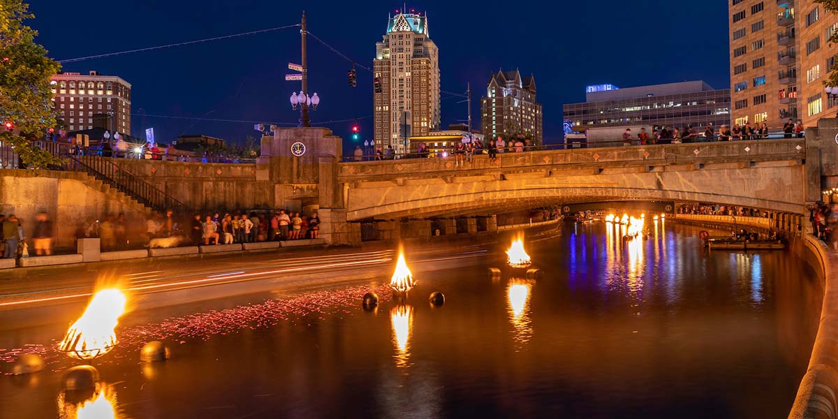 Braziers and rose petals at WaterFire. Photograph by Armin Kososki.