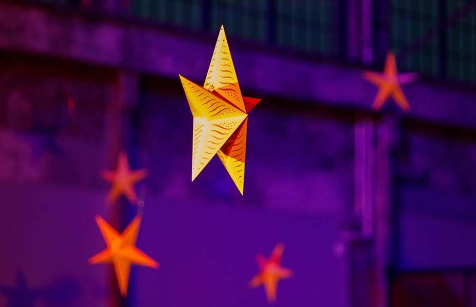 Stars hang at the WaterFire Ars Center as part of the Beacon of Hope Installation. Photograph by Jeff Meunier.
