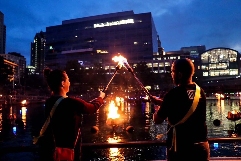 Torch bearers at the 2018 RI Defeats Hep C WaterFire Lighting. Photograph by Yvonne Coyle.