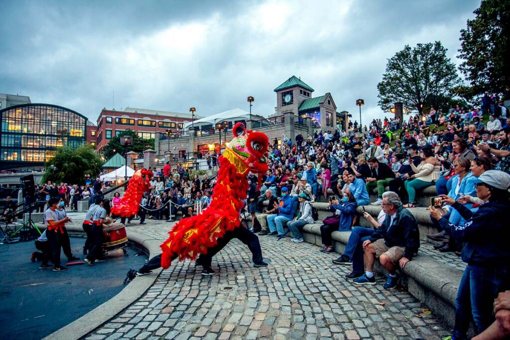 RI Kung Fu Club performin the Lion Dance on the Basin Stage in 2021. Photograph by Erin Cuddigan.