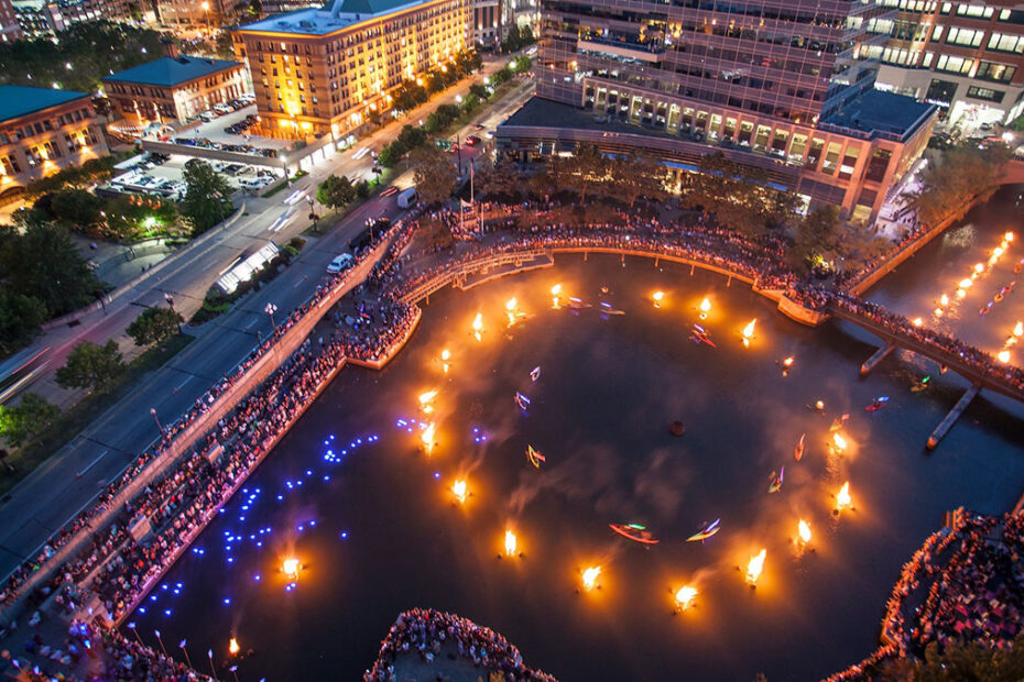 Aerial View of Waterplace Park during WaterFire Providence. Photograph by Erin Cuddigan.
