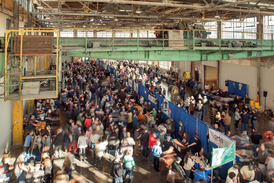 RI Brew Fest at the WaterFire Arts Center, Visitors fill the main hall. Photograph courtesy RI Brew Fest.