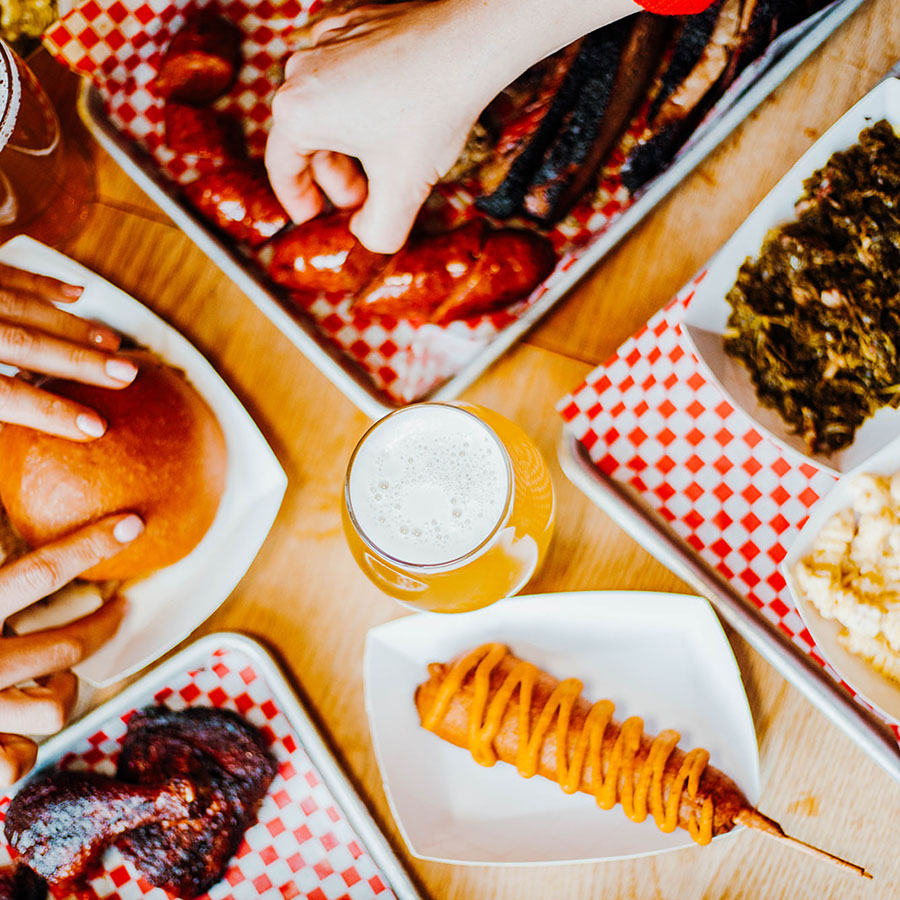 Durks BBQ, photo of various foods arranged on a table.